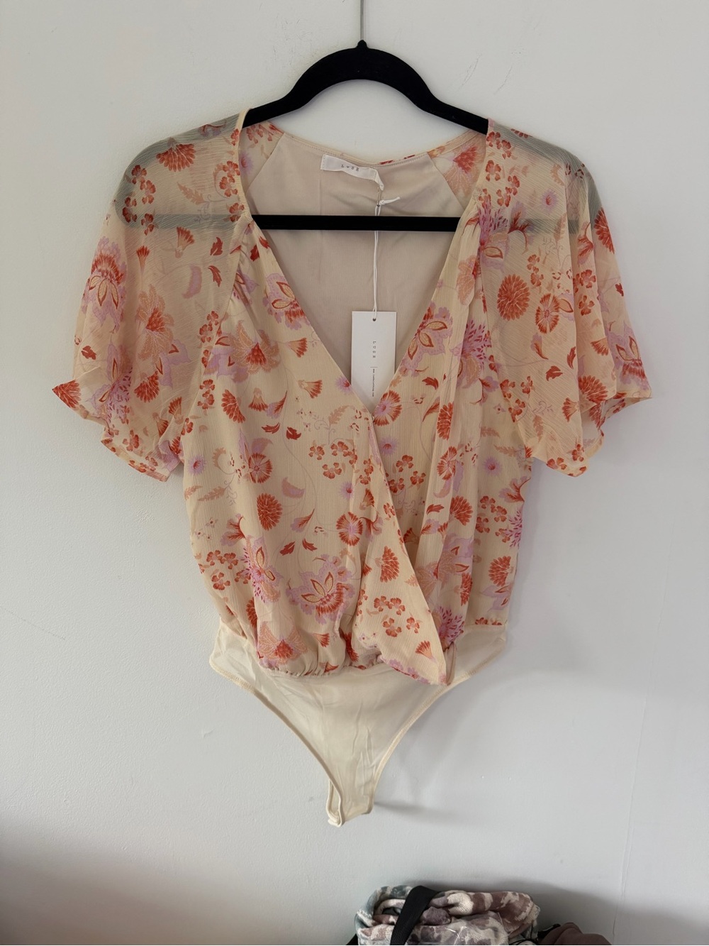 Floral Surplice Bodysuit Top - Cream with Coral Print